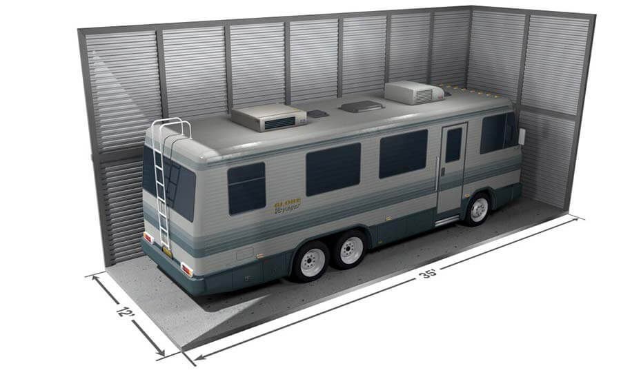 An RV enclosed in a storage container
